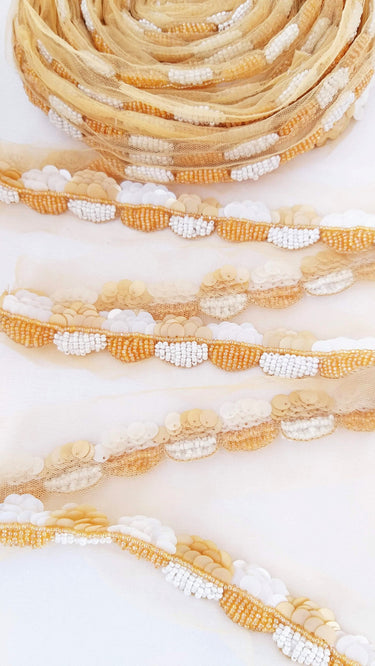 Beige Net Lace With Off White And Beige Sequins and Beads, Scallop Trim, Exclusive Laces